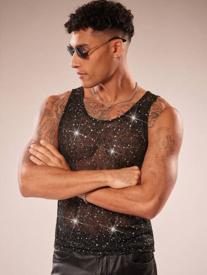 Men's Mesh Sheer Glitter Round Neck Sleeveless Tank Top